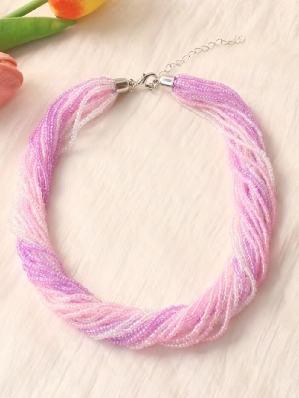 NEW! Boho Pink, Purple, White Multi-Strand Beaded Silver Necklace